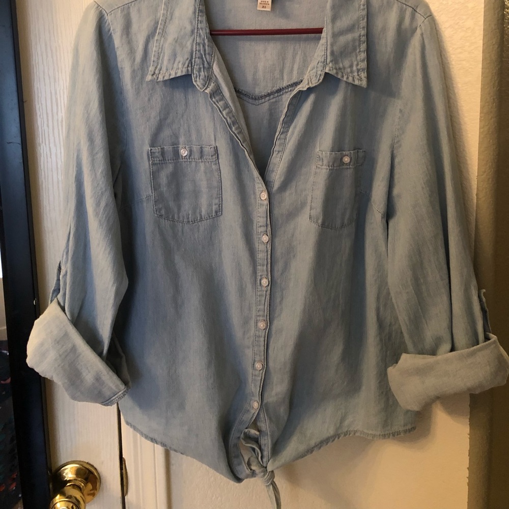 light denim button tie top